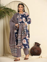 Thumbnail for Yufta Navy Blue Pure Cotton Kurta Dupatta Pant Set With Handwork