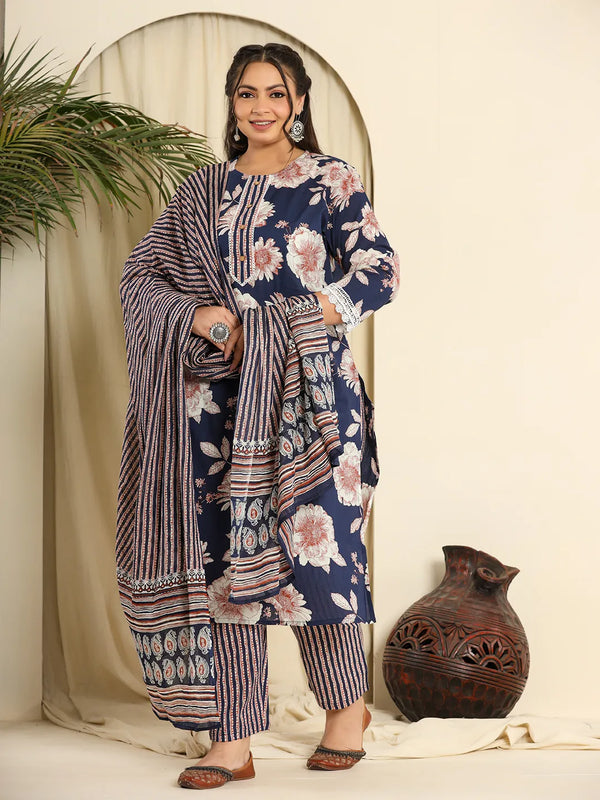 Yufta Navy Blue Pure Cotton Kurta Dupatta Pant Set With Handwork