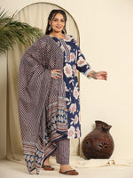 Thumbnail for Yufta Navy Blue Pure Cotton Kurta Dupatta Pant Set With Handwork
