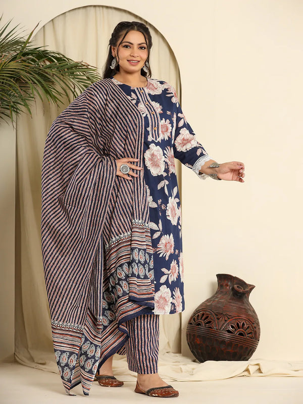 Yufta Navy Blue Pure Cotton Kurta Dupatta Pant Set With Handwork