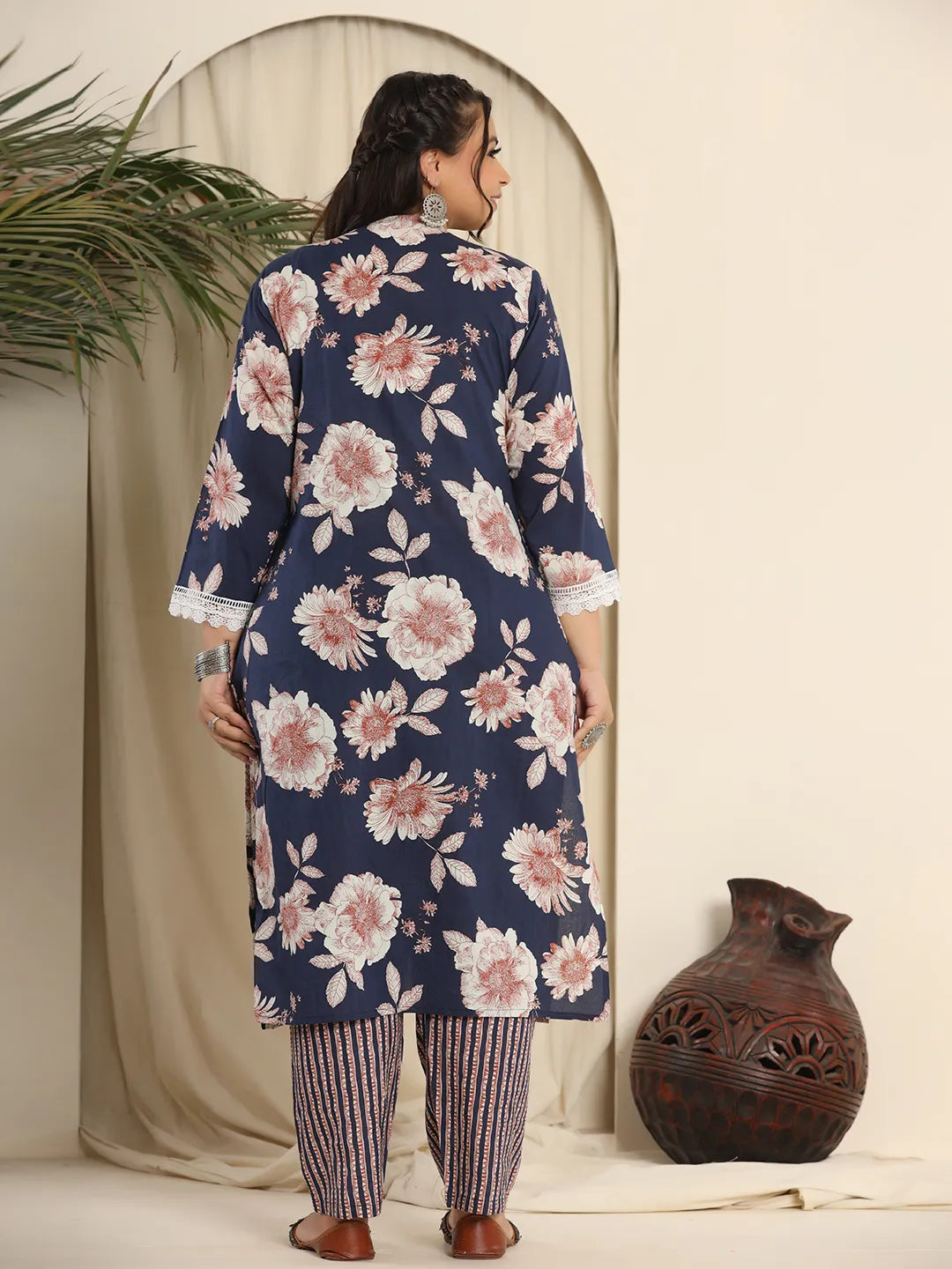 Yufta Navy Blue Pure Cotton Kurta Dupatta Pant Set With Handwork