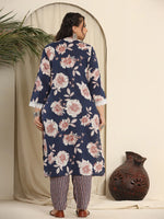 Thumbnail for Yufta Navy Blue Pure Cotton Kurta Dupatta Pant Set With Handwork