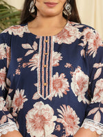 Thumbnail for Yufta Navy Blue Pure Cotton Kurta Dupatta Pant Set With Handwork