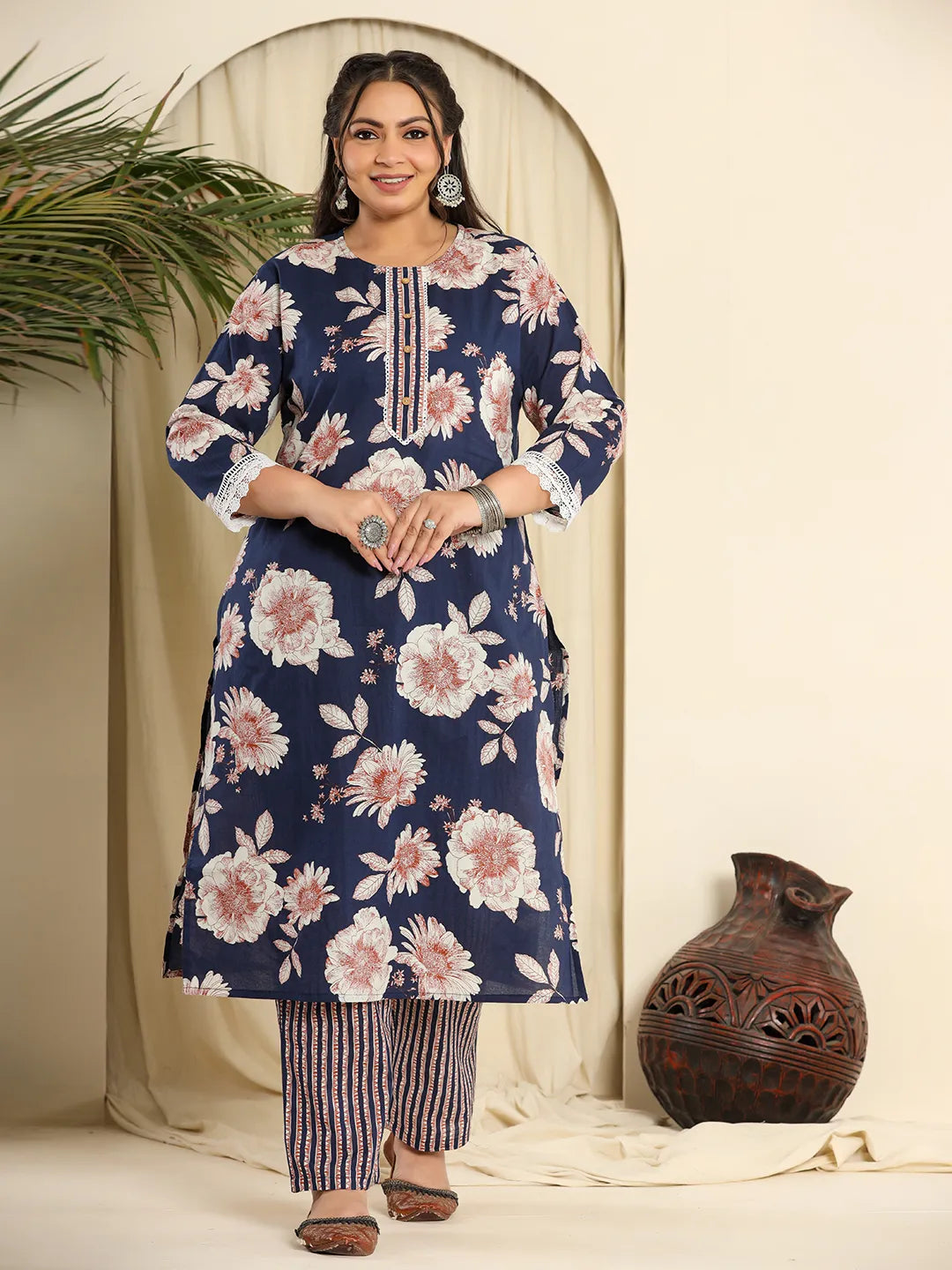 Yufta Navy Blue Pure Cotton Kurta Dupatta Pant Set With Handwork