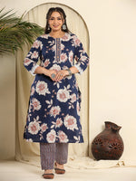 Thumbnail for Yufta Navy Blue Pure Cotton Kurta Dupatta Pant Set With Handwork