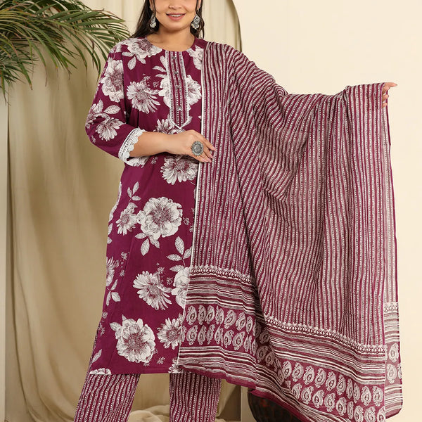 Yufta Purple Pure Cotton Kurta Dupatta Pant Set With Handwork - Distacart