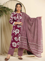 Thumbnail for Yufta Purple Pure Cotton Kurta Dupatta Pant Set With Handwork