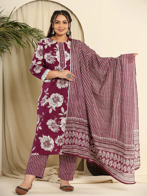 Yufta Purple Pure Cotton Kurta Dupatta Pant Set With Handwork