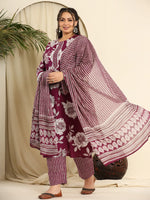Thumbnail for Yufta Purple Pure Cotton Kurta Dupatta Pant Set With Handwork