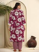 Thumbnail for Yufta Purple Pure Cotton Kurta Dupatta Pant Set With Handwork