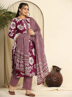Thumbnail for Yufta Purple Pure Cotton Kurta Dupatta Pant Set With Handwork