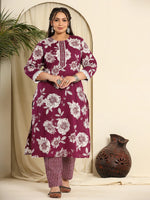 Thumbnail for Yufta Purple Pure Cotton Kurta Dupatta Pant Set With Handwork