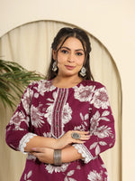 Thumbnail for Yufta Purple Pure Cotton Kurta Dupatta Pant Set With Handwork