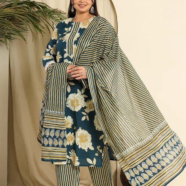 Yufta Teal Blue Pure Cotton Kurta Dupatta Pant Set With Handwork - Distacart