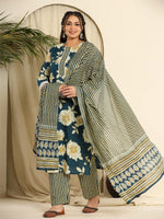 Thumbnail for Yufta Teal Blue Pure Cotton Kurta Dupatta Pant Set With Handwork