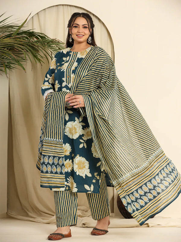 Yufta Teal Blue Pure Cotton Kurta Dupatta Pant Set With Handwork