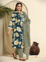 Thumbnail for Yufta Teal Blue Pure Cotton Kurta Dupatta Pant Set With Handwork