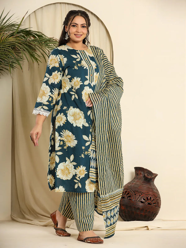 Yufta Teal Blue Pure Cotton Kurta Dupatta Pant Set With Handwork