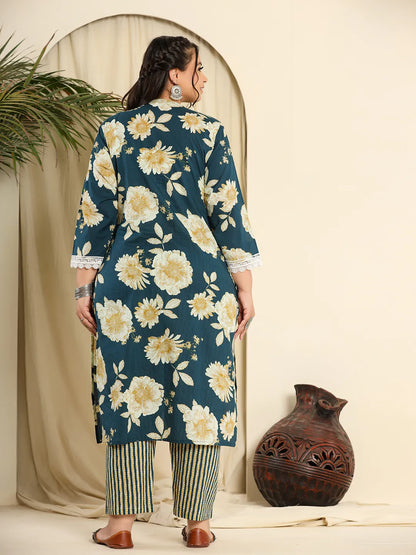Yufta Teal Blue Pure Cotton Kurta Dupatta Pant Set With Handwork - Distacart