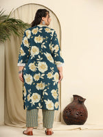 Thumbnail for Yufta Teal Blue Pure Cotton Kurta Dupatta Pant Set With Handwork