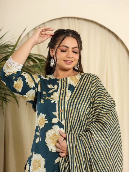Yufta Teal Blue Pure Cotton Kurta Dupatta Pant Set With Handwork - Distacart