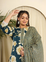 Thumbnail for Yufta Teal Blue Pure Cotton Kurta Dupatta Pant Set With Handwork