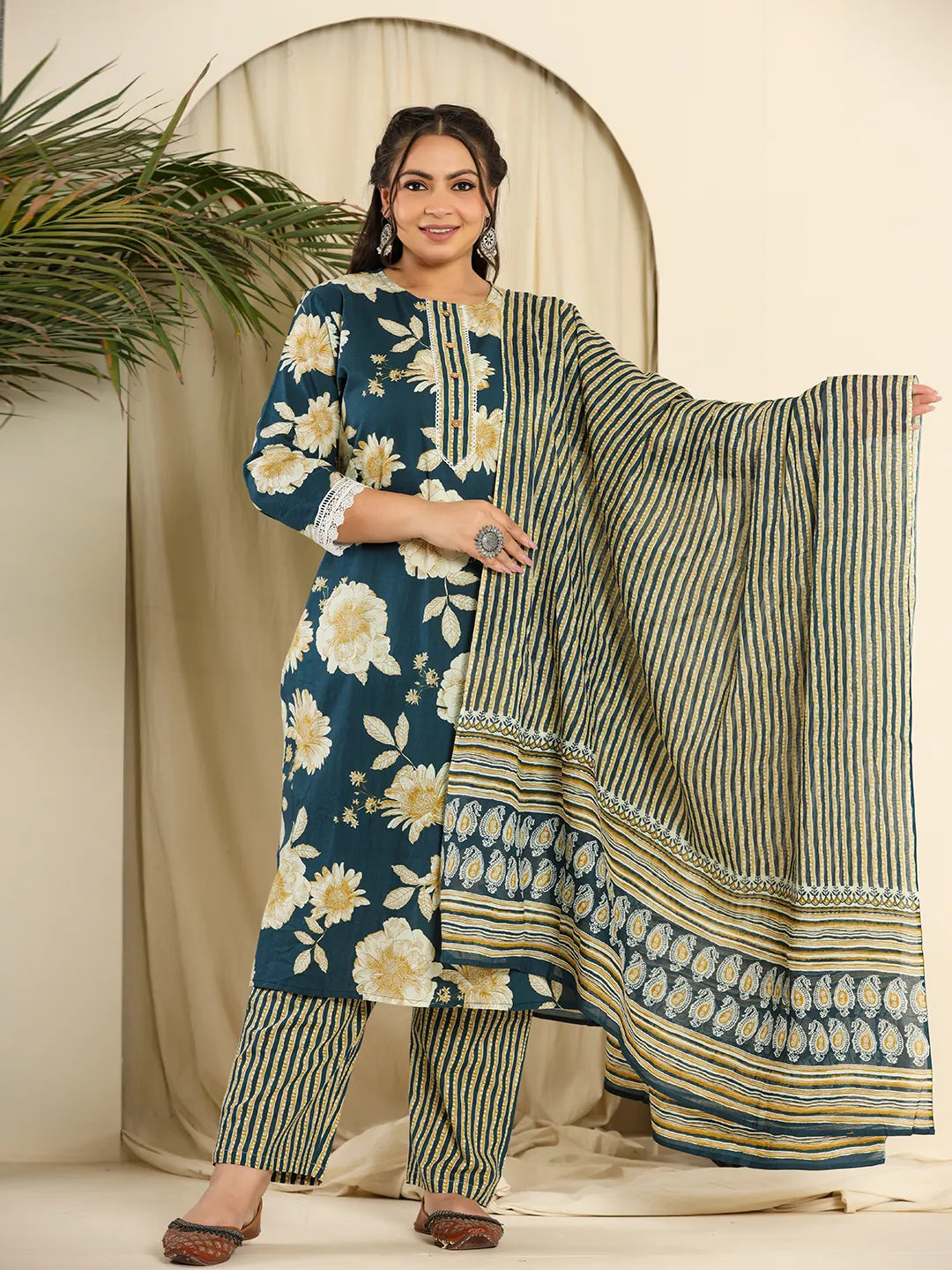 Yufta Teal Blue Pure Cotton Kurta Dupatta Pant Set With Handwork