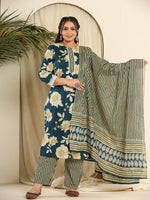 Thumbnail for Yufta Teal Blue Pure Cotton Kurta Dupatta Pant Set With Handwork