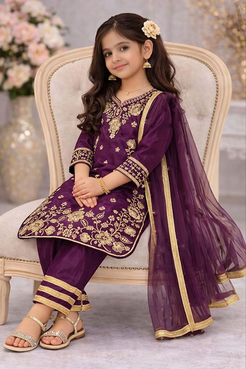 Evanik Purple Premium Chinon Silk Wedding Kids Kurta Set - Dista