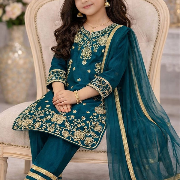 Evanik Blue Premium Chinon Silk Wedding Kids Kurta Set - Dista