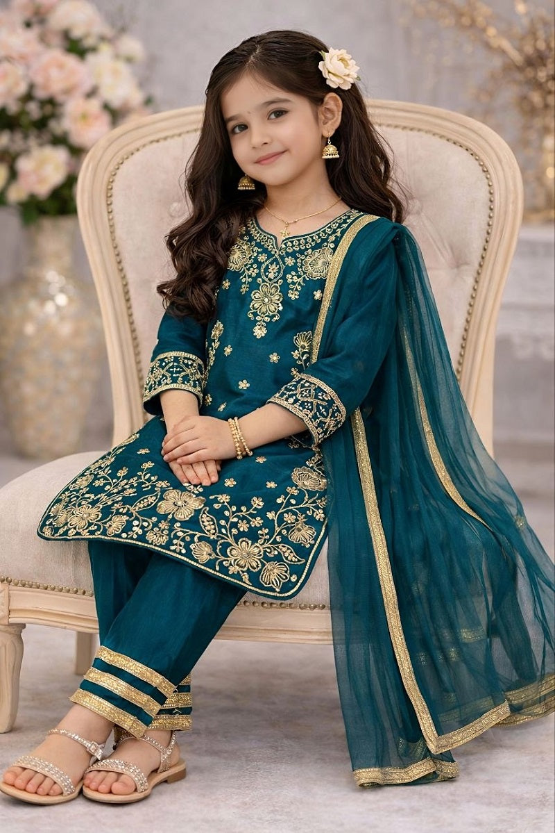 Evanik Blue Premium Chinon Silk Wedding Kids Kurta Set - Dista