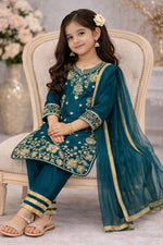 Thumbnail for Evanik Blue Premium Chinon Silk Wedding Kids Kurta Set - Dista