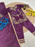 Thumbnail for Evanik Purple Premium Chinon Silk Wedding Kids Kurta Set - Dista