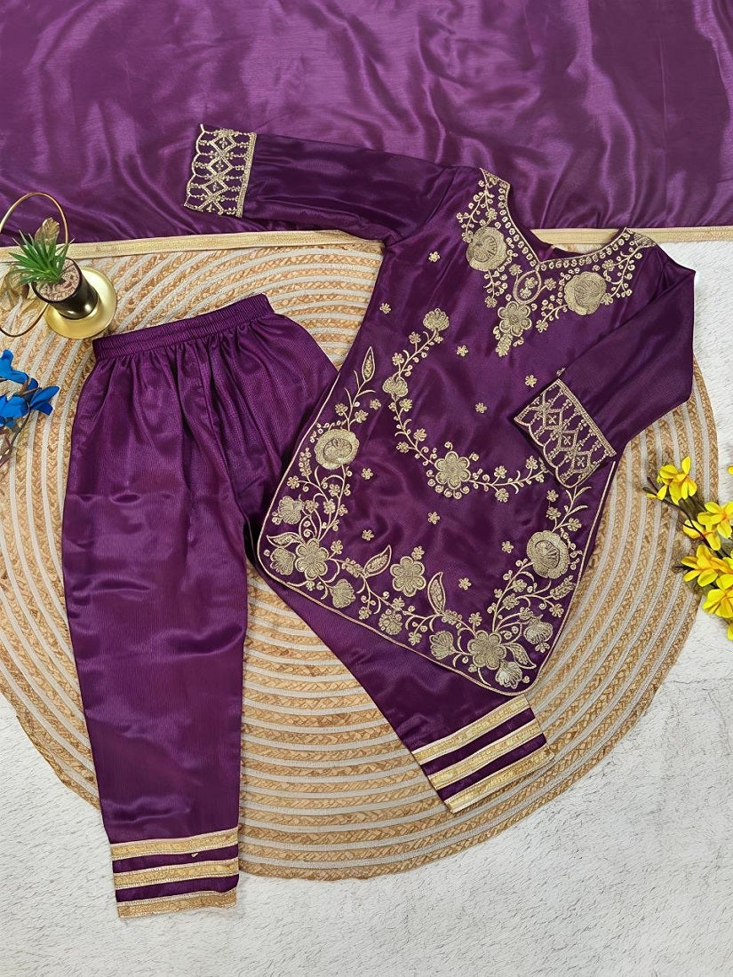 Evanik Purple Premium Chinon Silk Wedding Kids Kurta Set - Dista