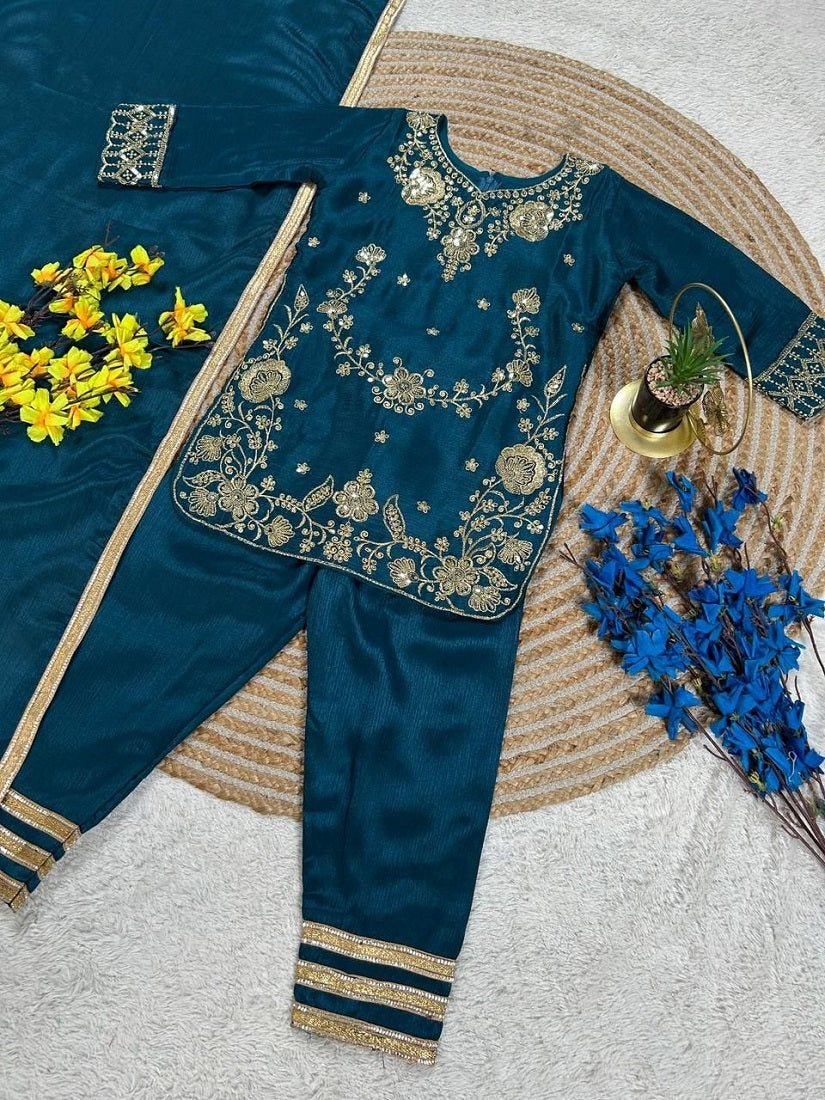 Evanik Blue Premium Chinon Silk Wedding Kids Kurta Set - Dista
