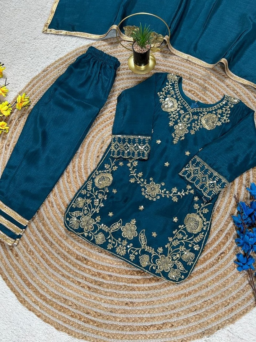 Evanik Blue Premium Chinon Silk Wedding Kids Kurta Set - Dista