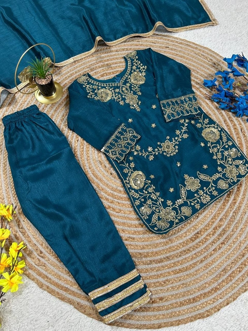 Evanik Blue Premium Chinon Silk Wedding Kids Kurta Set - Dista