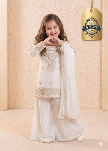 Evanik White Designer Party Wear Look Kids Top Palazzo & Dupatta Set - Dista