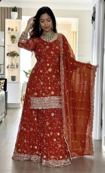Yash Enterprise Orange Fandy Silk Party Wear Embroidery Sharara Suit Set - Distacart