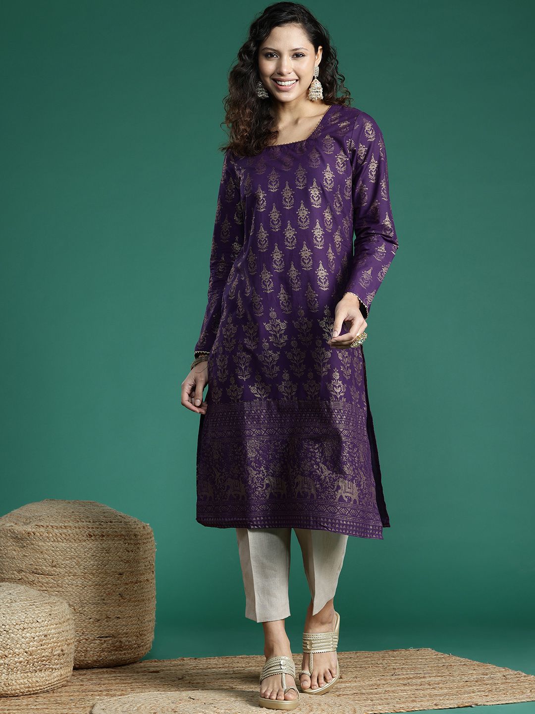Sangria Ethnic Motifs Printed Gotta Patti Kurta - Distacart