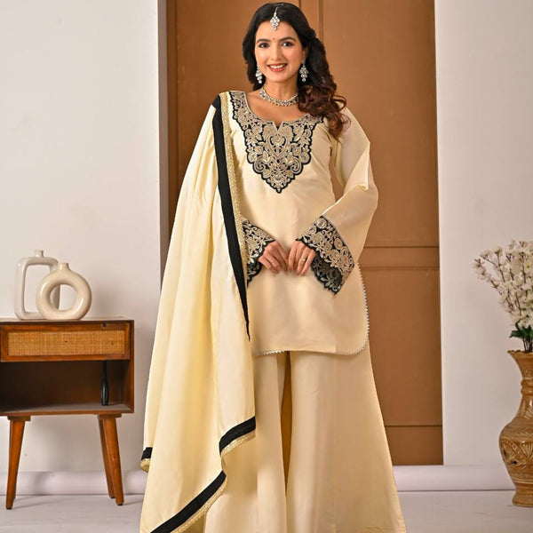 Yash Enterprise Off White Roman Silk Embroidery Party Wear Suit Set - Distacart