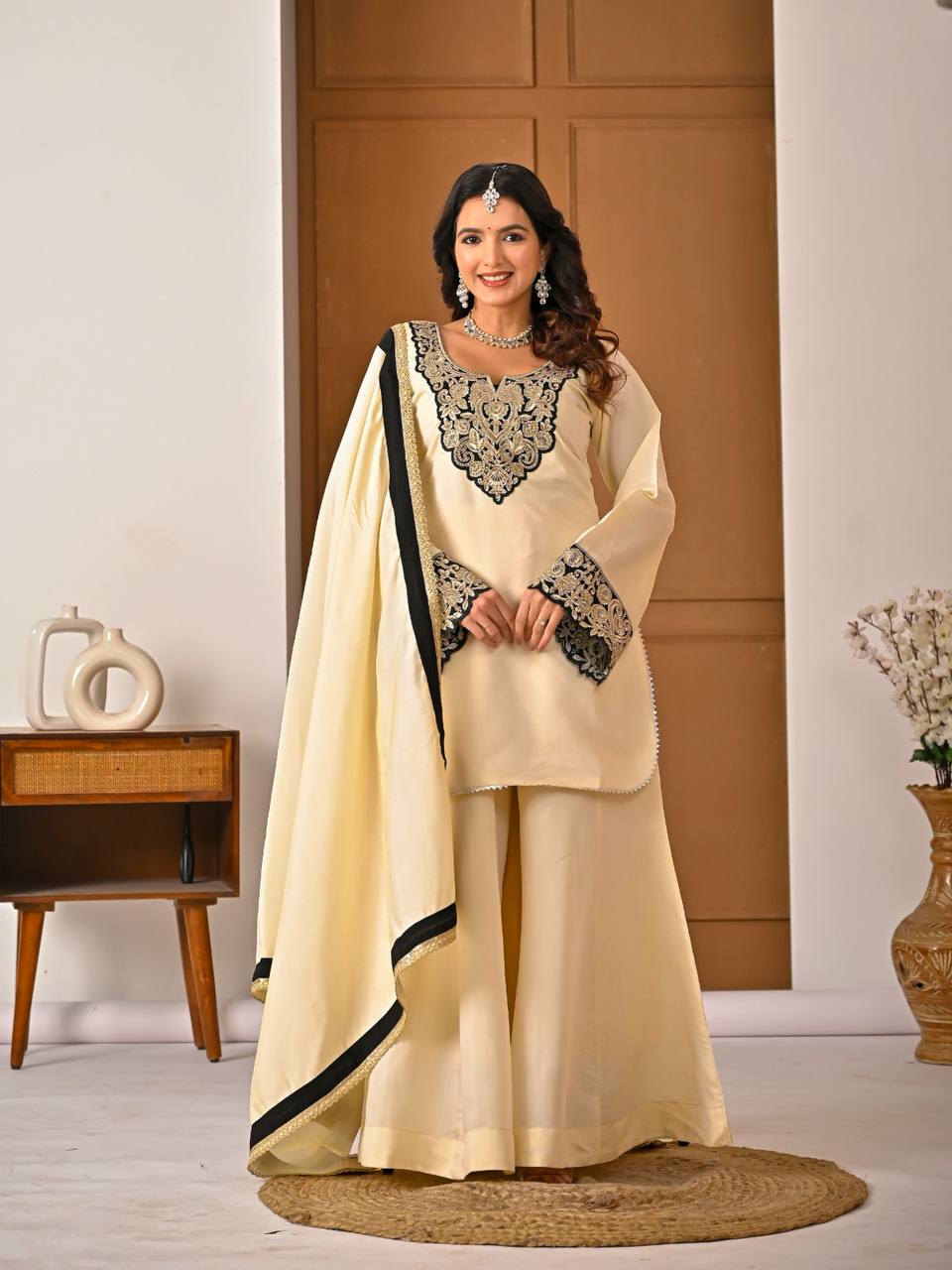 Yash Enterprise Off White Roman Silk Embroidery Party Wear Suit Set