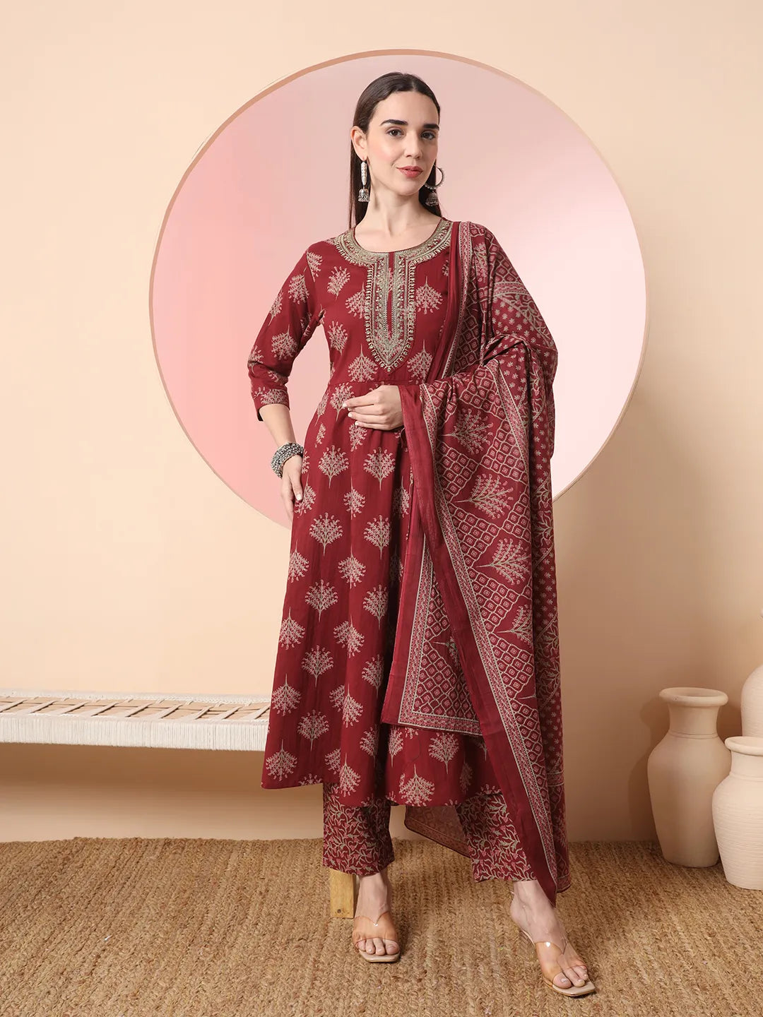 Yufta Maroon Pure Cotton Chikankari Anarkali Kurta Dupatta Pant Set - Distacart