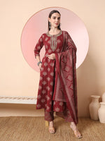 Thumbnail for Yufta Maroon Pure Cotton Chikankari Anarkali Kurta Dupatta Pant Set