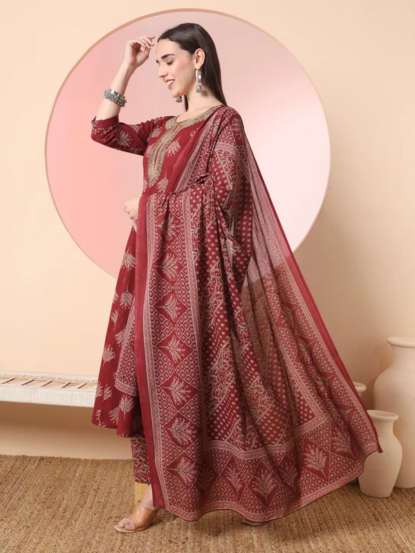 Yufta Maroon Pure Cotton Chikankari Anarkali Kurta Dupatta Pant Set