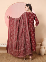 Thumbnail for Yufta Maroon Pure Cotton Chikankari Anarkali Kurta Dupatta Pant Set