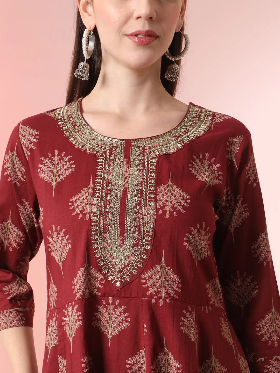 Yufta Maroon Pure Cotton Chikankari Anarkali Kurta Dupatta Pant Set