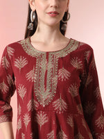 Thumbnail for Yufta Maroon Pure Cotton Chikankari Anarkali Kurta Dupatta Pant Set