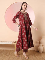 Thumbnail for Yufta Maroon Pure Cotton Chikankari Anarkali Kurta Dupatta Pant Set