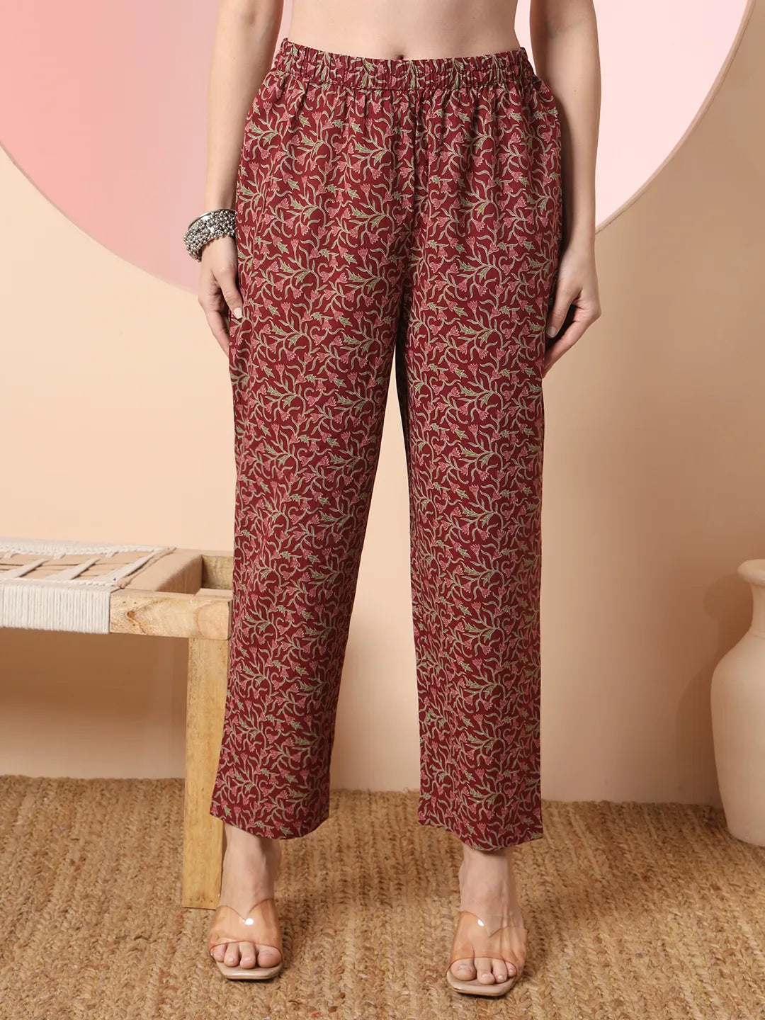 Yufta Maroon Pure Cotton Chikankari Anarkali Kurta Dupatta Pant Set